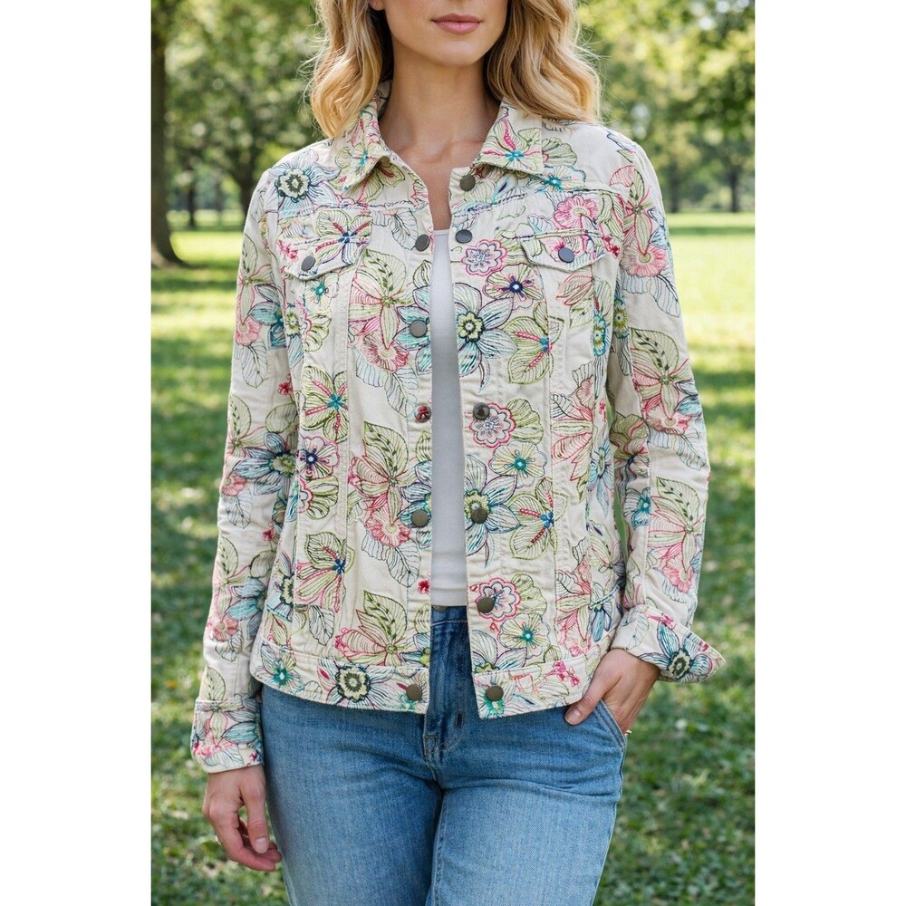 Cynthia Max Women's Floral Multicolor Embroidered Denim Jacket Size Large